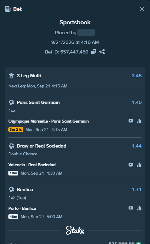 Bet slip: Olympique Marseille - Paris Saint Germain, $35,000.00 stake at 1.40 odds, placed by ashaark