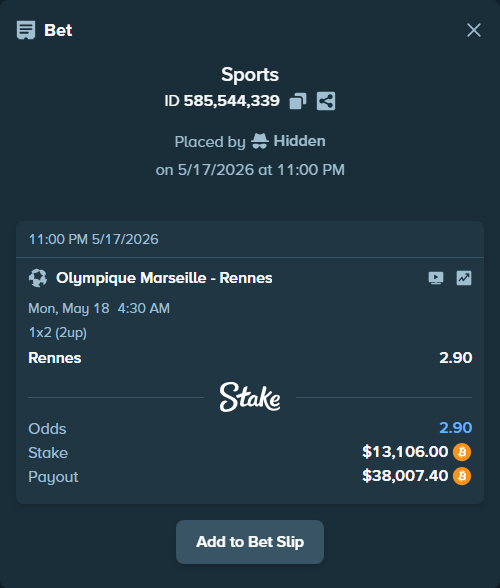 Bet slip: Olympique Marseille - Rennes, $10,742.57 stake at 2.90 odds, placed by Hidden