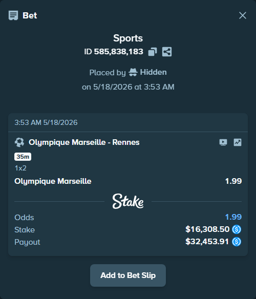 Bet slip: Olympique Marseille - Rennes, $16,308.50 stake at 1.99 odds, placed by Hidden