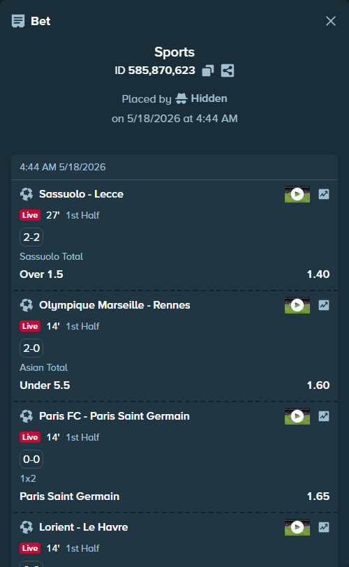 Bet slip: Olympique Marseille - Rennes, $22,325.00 stake at 1.60 odds, placed by Hidden