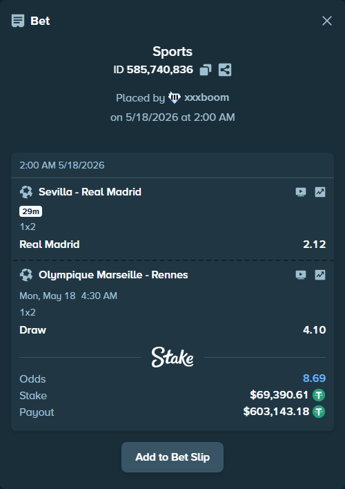 Bet slip: Olympique Marseille - Rennes, $69,460.00 stake at 4.10 odds, placed by xxxboom
