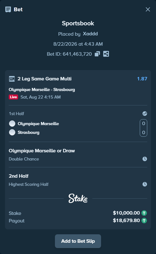 Bet slip: Olympique Marseille - Strasbourg, $10,000.00 stake at 1.22 odds, placed by Xaddd