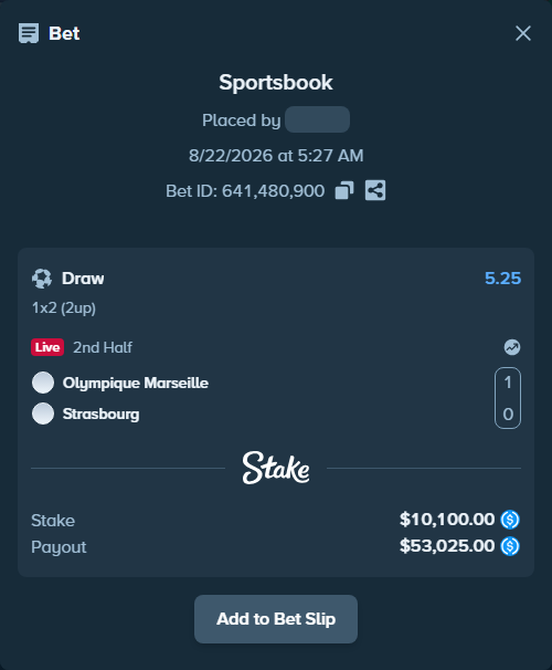 Bet slip: Olympique Marseille - Strasbourg, $10,100.00 stake at 5.25 odds, placed by kuwkuw