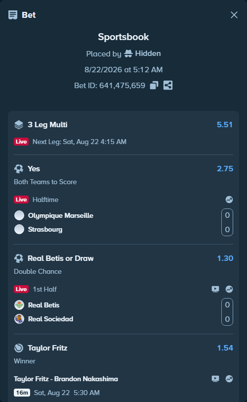 Bet slip: Olympique Marseille - Strasbourg, $11,724.04 stake at 2.75 odds, placed by Hidden