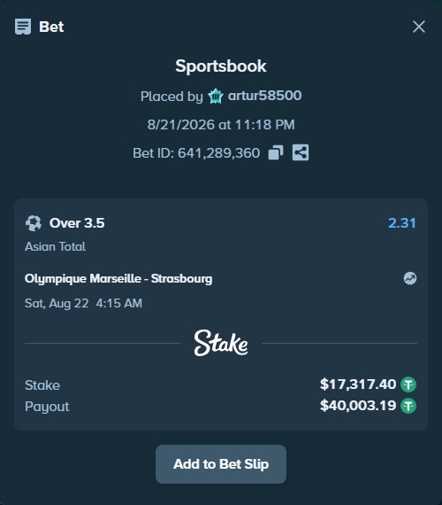 Bet slip: Olympique Marseille - Strasbourg, $17,317.40 stake at 2.31 odds, placed by artur58500
