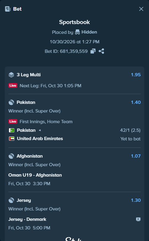 Bet slip: Oman - Afghanistan, $14,072.93 stake at 1.07 odds, placed by Robel345345