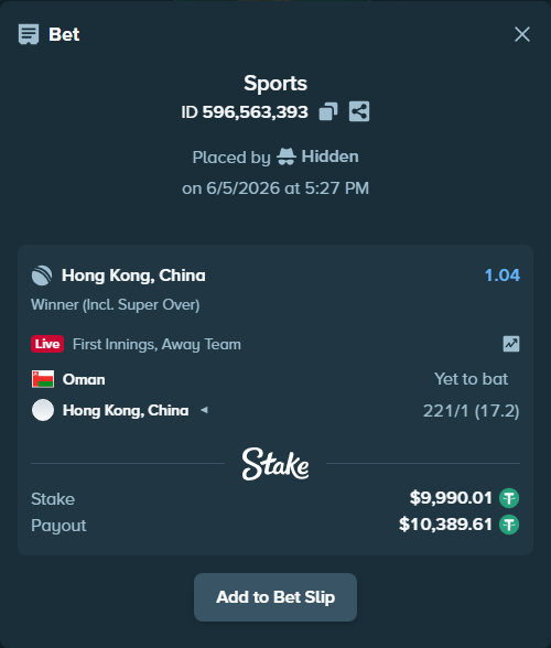 Bet slip: Oman - Hong Kong, China, $10,000.00 stake at 1.04 odds, placed by Hidden