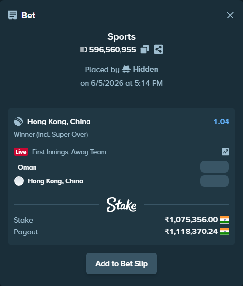Bet slip: Oman - Hong Kong, China, $12,904.27 stake at 1.04 odds, placed by Hidden