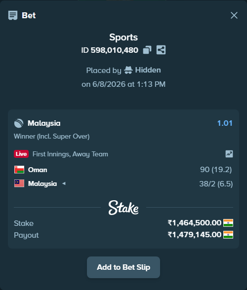 Bet slip: Oman - Malaysia, $17,574.00 stake at 1.01 odds, placed by Hidden