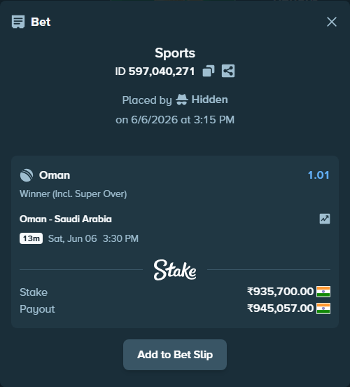 Bet slip: Oman - Saudi Arabia, $11,228.40 stake at 1.01 odds, placed by Hidden