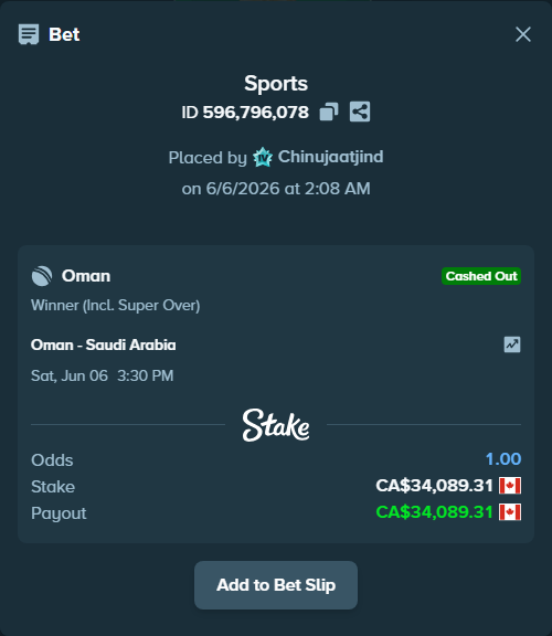 Bet slip: Oman - Saudi Arabia, $25,226.09 stake at 1.01 odds, placed by Chinujaatjind