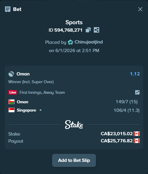Bet slip: Oman - Singapore, $17,031.11 stake at 1.12 odds, placed by Chinujaatjind