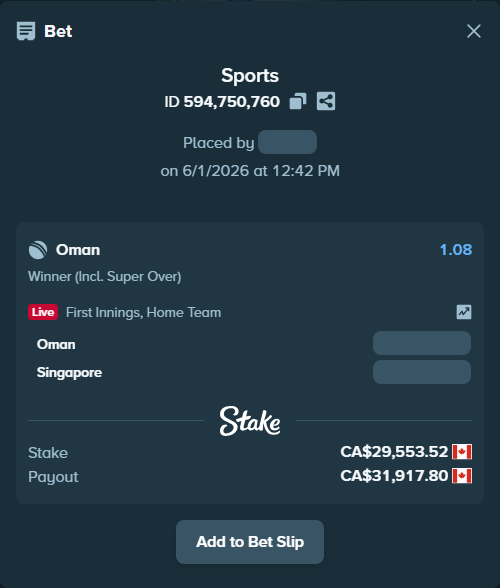 Bet slip: Oman - Singapore, $21,869.60 stake at 1.08 odds, placed by Chinujaatjind