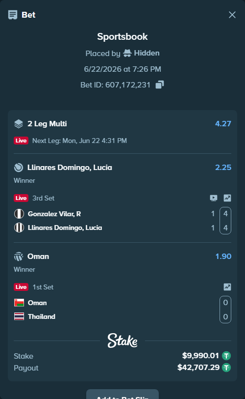 Bet slip: Oman - Thailand, $10,000.00 stake at 1.90 odds, placed by Hidden