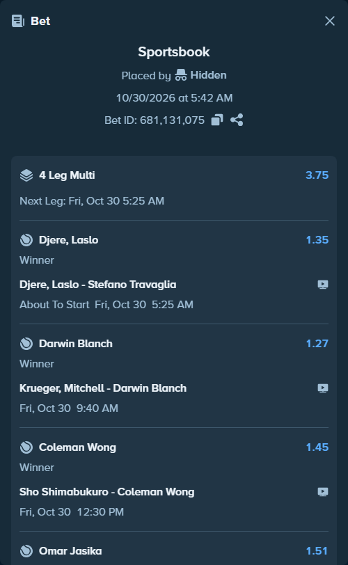 Bet slip: Omar Jasika - Chung, Yun Seong, $10,000.00 stake at 1.51 odds, placed by Hidden