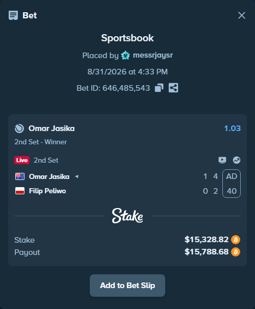Bet slip: Omar Jasika - Filip Peliwo, $15,354.54 stake at 1.03 odds, placed by messrjaysr
