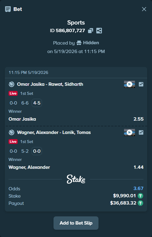 Bet slip: Omar Jasika - Rawat, Sidharth, $10,000.00 stake at 2.55 odds, placed by Hidden