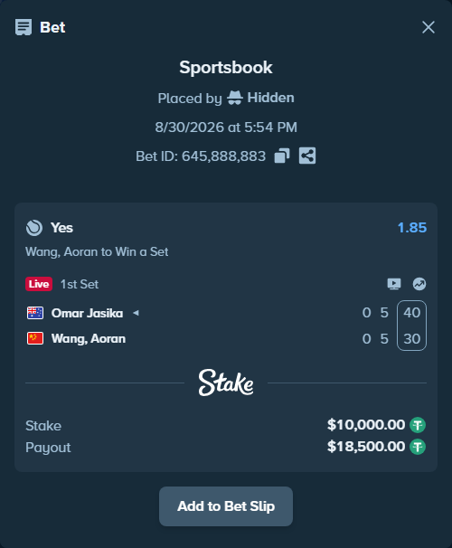 Bet slip: Omar Jasika - Wang, Aoran, $10,000.00 stake at 1.85 odds, placed by Hidden