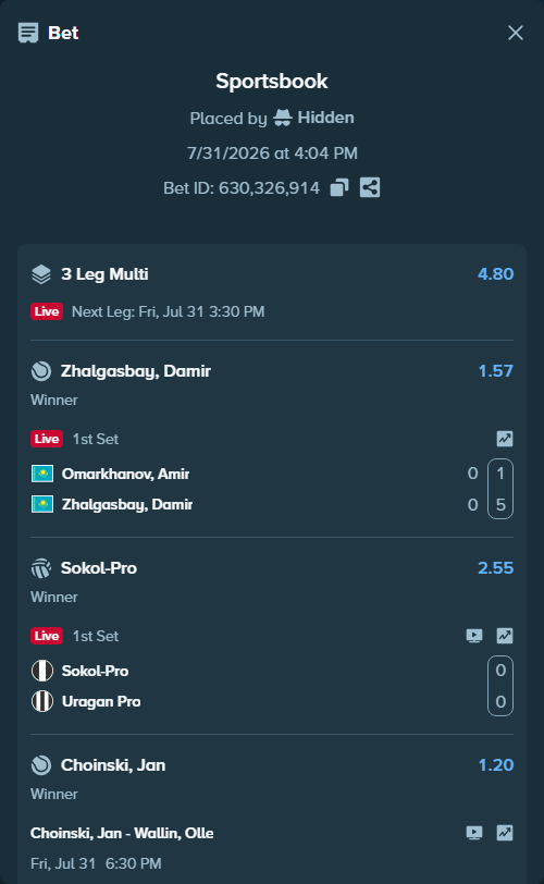 Bet slip: Omarkhanov, Amir - Zhalgasbay, Damir, $10,000.00 stake at 1.57 odds, placed by Hidden