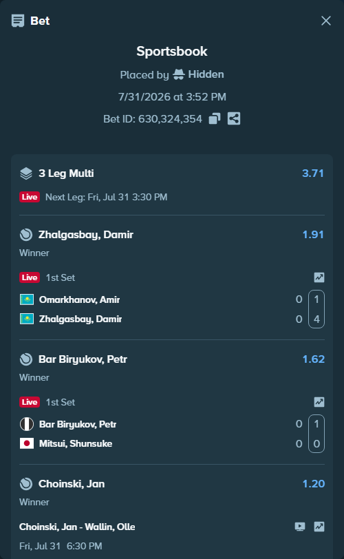 Bet slip: Omarkhanov, Amir - Zhalgasbay, Damir, $11,145.00 stake at 1.91 odds, placed by Hidden