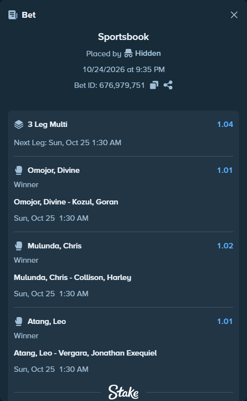 Bet slip: Omojor, Divine - Kozul, Goran, $10,000.00 stake at 1.01 odds, placed by korehato