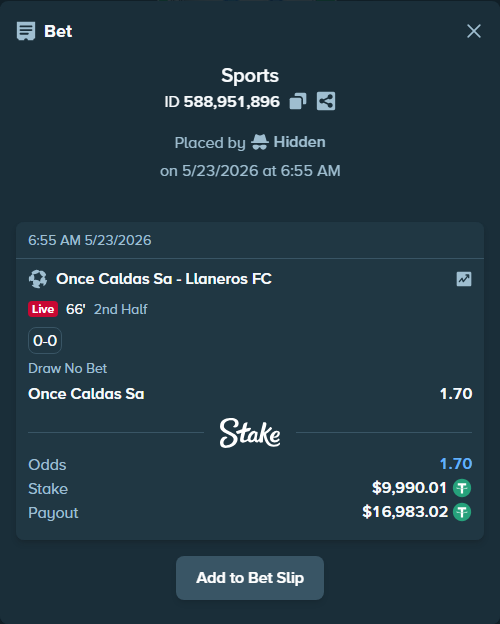 Bet slip: Once Caldas Sa - Llaneros FC, $10,000.00 stake at 1.70 odds, placed by Hidden