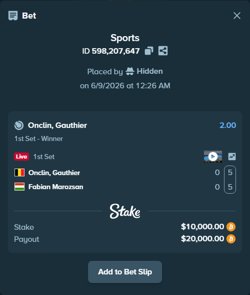 Bet slip: Onclin, Gauthier - Fabian Marozsan, $10,074.08 stake at 2.00 odds, placed by Hidden