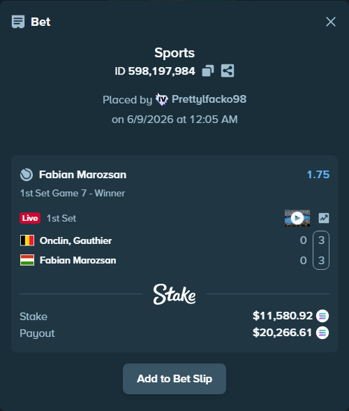 Bet slip: Onclin, Gauthier - Fabian Marozsan, $12,726.83 stake at 1.75 odds, placed by Prettylfacko98