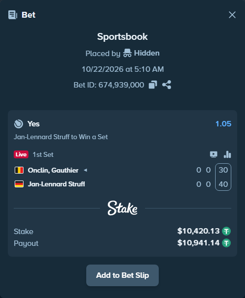 Bet slip: Onclin, Gauthier - Jan-Lennard Struff, $10,430.55 stake at 1.05 odds, placed by Hidden