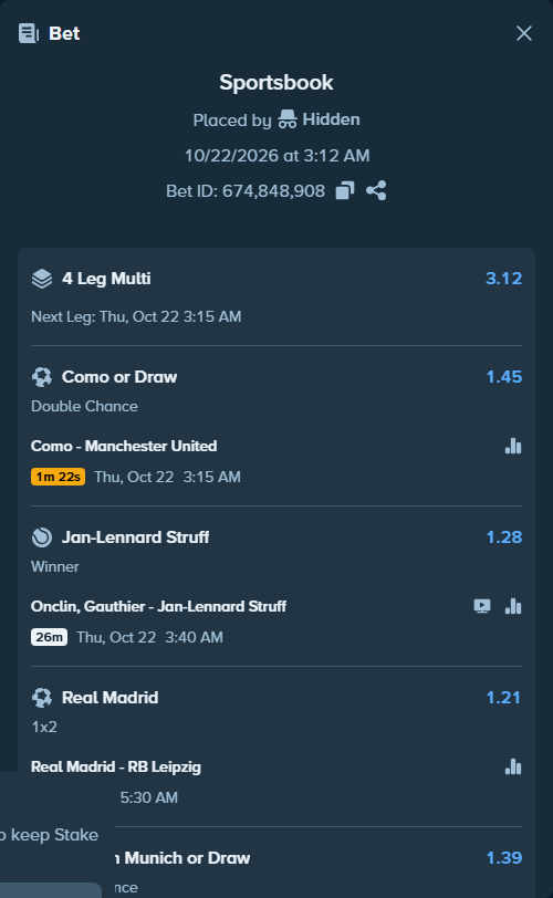 Bet slip: Onclin, Gauthier - Jan-Lennard Struff, $131,151.02 stake at 1.28 odds, placed by Hidden