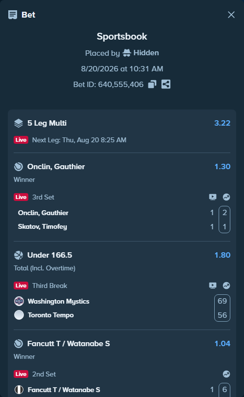 Bet slip: Onclin, Gauthier - Skatov, Timofey, $10,010.00 stake at 1.30 odds, placed by Hidden