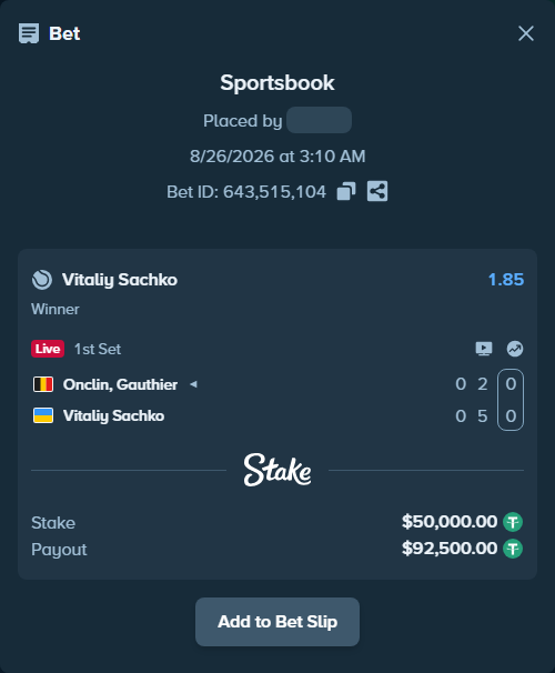 Bet slip: Onclin, Gauthier - Vitaliy Sachko, $50,000.00 stake at 1.85 odds, placed by ayoflasher