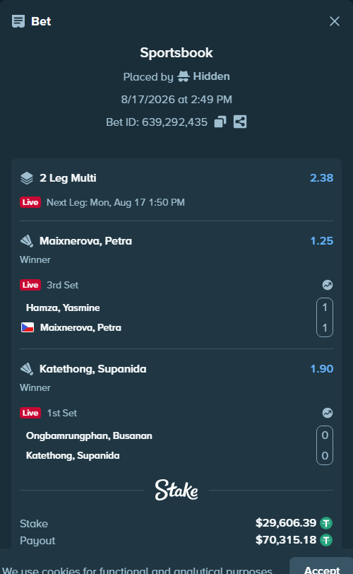 Bet slip: Ongbamrungphan, Busanan - Katethong, Supanida, $29,636.00 stake at 1.90 odds, placed by Hidden
