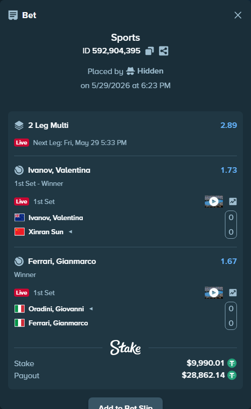 Bet slip: Oradini, Giovanni - Ferrari, Gianmarco, $10,000.00 stake at 1.67 odds, placed by Hidden
