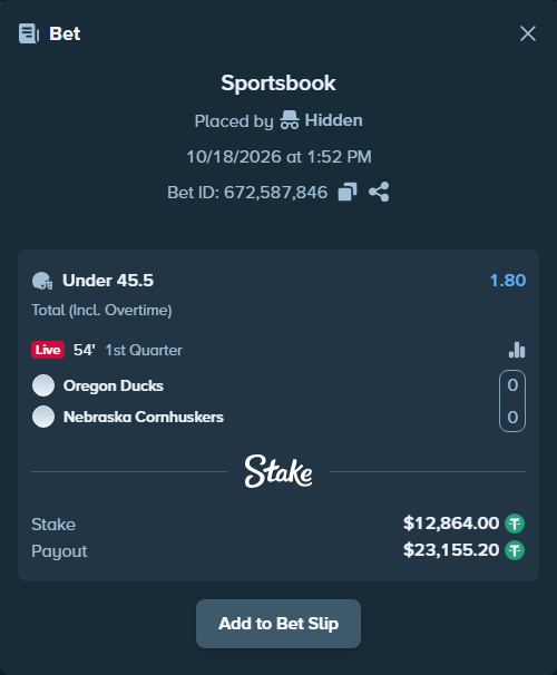 Bet slip: Oregon Ducks - Nebraska Cornhuskers, $12,876.86 stake at 1.80 odds, placed by Hidden