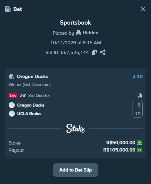 Bet slip: Oregon Ducks - UCLA Bruins, $10,000.00 stake at 2.10 odds, placed by Hidden