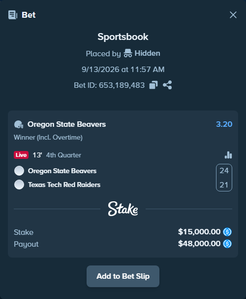 Bet slip: Oregon State Beavers - Texas Tech Red Raiders, $15,000.00 stake at 3.20 odds, placed by Hidden