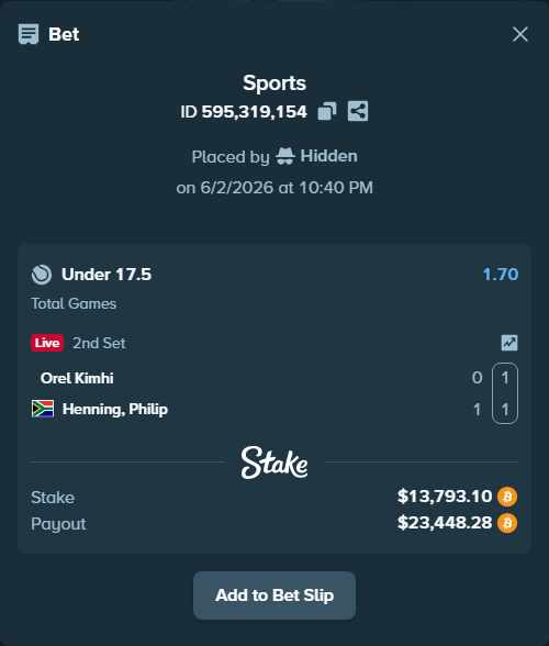 Bet slip: Orel Kimhi - Henning, Philip, $12,866.00 stake at 1.70 odds, placed by Hidden