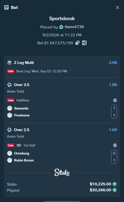Bet slip: Orenburg - Rubin Kazan, $10,225.00 stake at 1.60 odds, placed by tlwns4736