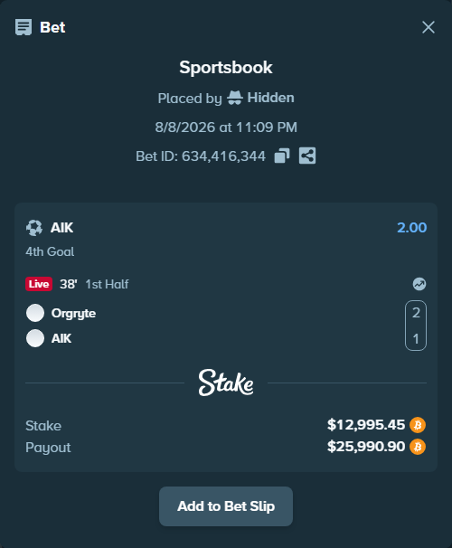 Bet slip: Orgryte - AIK, $13,022.40 stake at 2.00 odds, placed by Hidden