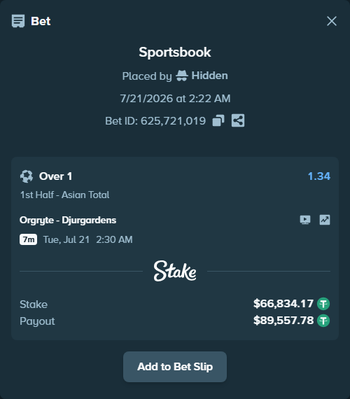 Bet slip: Orgryte - Djurgardens, $66,901.00 stake at 1.34 odds, placed by Hidden