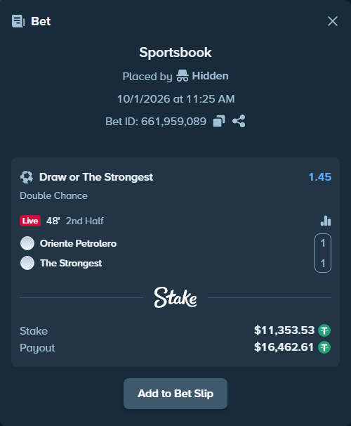 Bet slip: Oriente Petrolero - The Strongest, $11,364.88 stake at 1.45 odds, placed by Adrenaline77