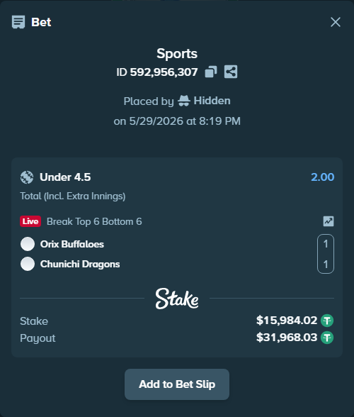 Bet slip: Orix Buffaloes - Chunichi Dragons, $16,000.00 stake at 2.00 odds, placed by Hidden