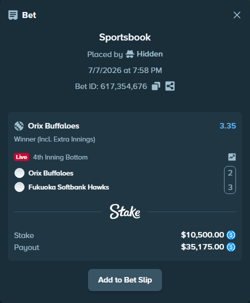Bet slip: Orix Buffaloes - Fukuoka Hawks, $10,500.00 stake at 3.35 odds, placed by Hidden
