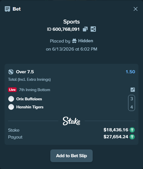 Bet slip: Orix Buffaloes - Hanshin Tigers, $18,454.60 stake at 1.50 odds, placed by Hidden