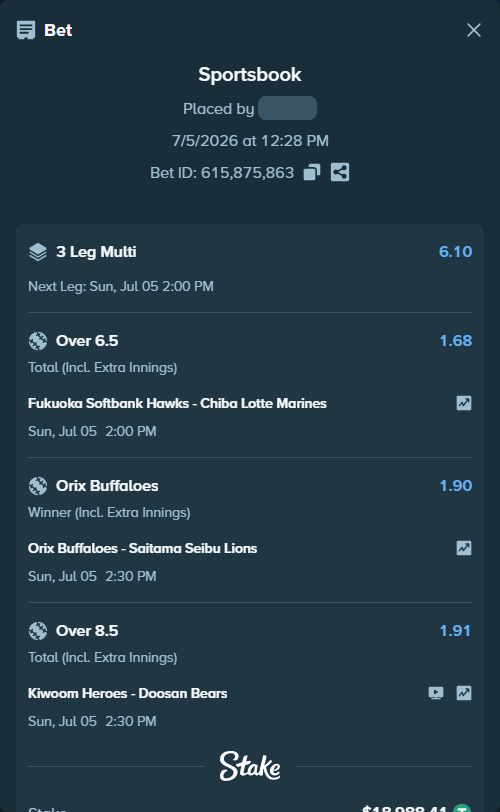 Bet slip: Orix Buffaloes - Saitama Seibu Lions, $18,988.41 stake at 1.90 odds, placed by kimandchang