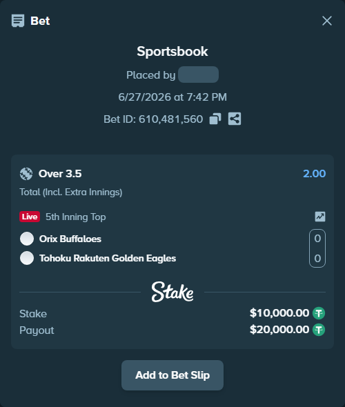 Bet slip: Orix Buffaloes - Tohoku Rakuten Golden Eagles, $10,010.00 stake at 2.00 odds, placed by zhanjinkun