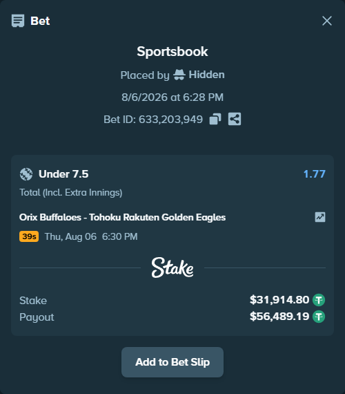 Bet slip: Orix Buffaloes - Tohoku Rakuten Golden Eagles, $31,946.71 stake at 1.77 odds, placed by Hidden