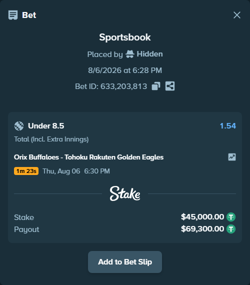 Bet slip: Orix Buffaloes - Tohoku Rakuten Golden Eagles, $45,045.00 stake at 1.54 odds, placed by Hidden