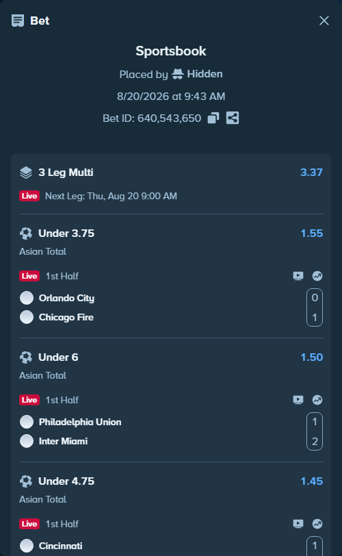 Bet slip: Orlando City - Chicago Fire, $10,000.00 stake at 1.55 odds, placed by Hidden